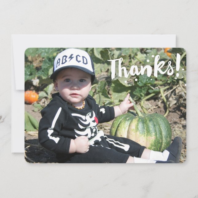 Thanks! in simple white text on custom photo thank you card (Front)