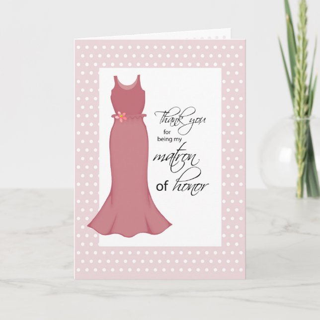 Thanks Matron of Honour, Pink Dress, Polka Dots Thank You Card (Front)