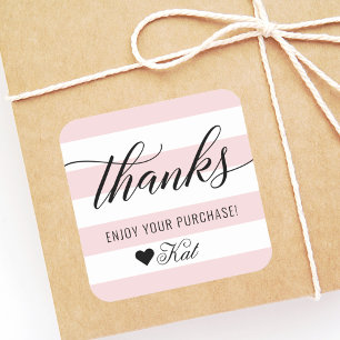Thanks Modern Black Script Pale Pink Stripes Square Sticker
