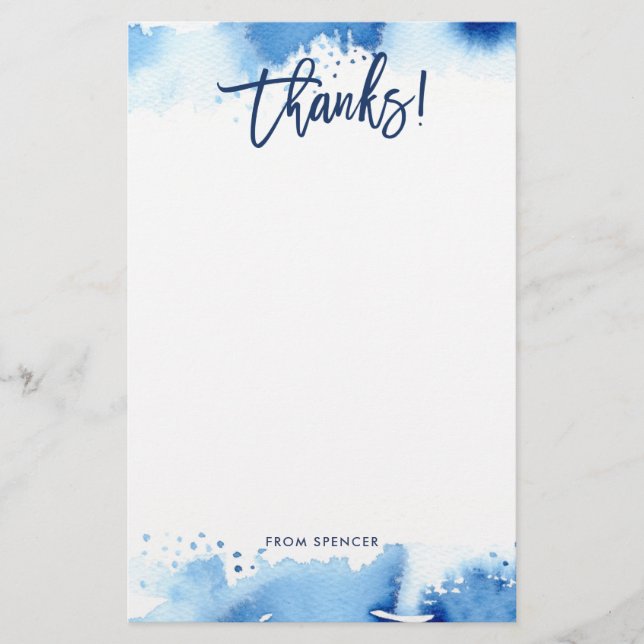 THANKS NOTE modern hand lettered blue watercolor Stationery (Front)