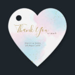 Thanks Pastel Watercolors/Names/Date Wedding Heart Favour Tags<br><div class="desc">Say thank you in pretty style to your wedding guests with this romantic heart shape favour sticker with a dreamy watercolor backdrop in a blend of pinks and blues, with small gold splashes for an extra touch. All the text can be easily personalised, and you can also change the text...</div>