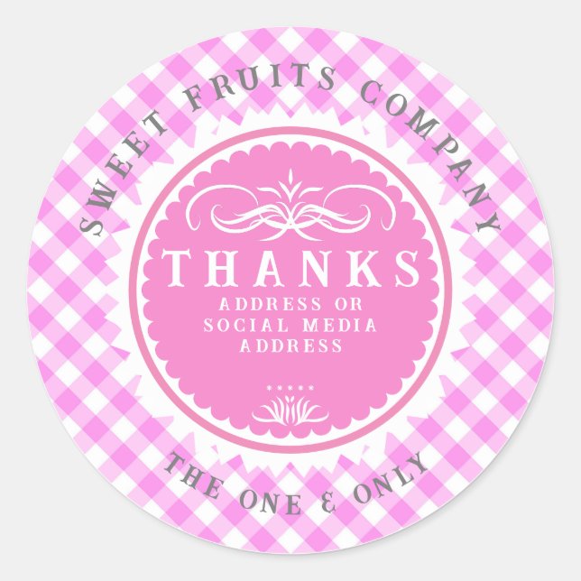 Thanks Pink Gingham Classic Round Sticker (Front)