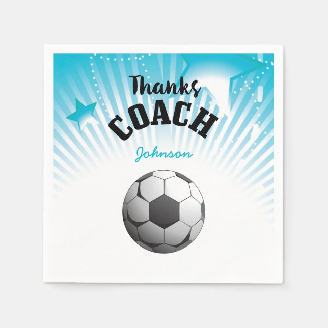 Thanks Soccer Coach Aqua Blue Stars Ball Napkin (Front)