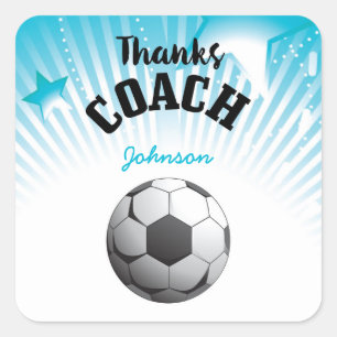 Thanks Soccer Coach Aqua Blue Stars Ball Square Sticker
