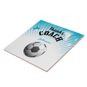 Thanks Soccer Coach Aqua Blue Stars Ball Tile