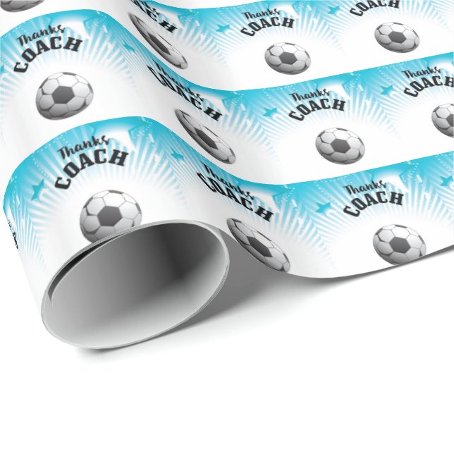 Thanks Soccer Coach Aqua Blue Stars Ball Wrapping Paper (Roll Corner)