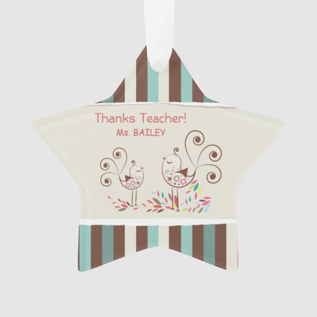 Thanks Teacher, Whimsical Bird Stripe Ornament (Front)