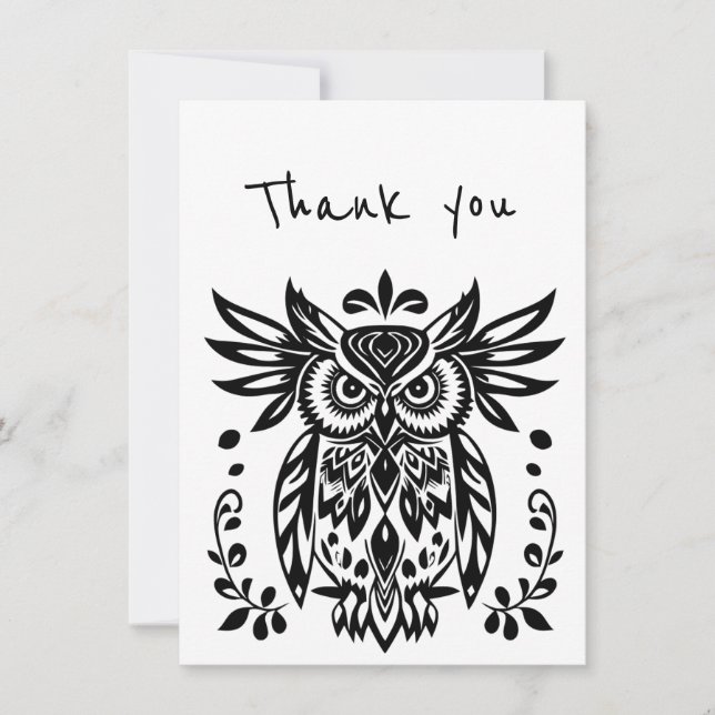Thanks Thank you Tribal Folk Art Owl Bird Card (Front)