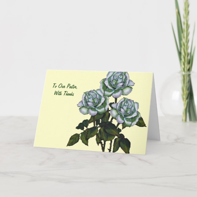 Thanks To Pastor: Three White Roses: Art Thank You Card (Front)