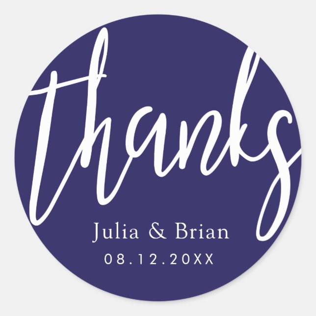 Thanks Typography Navy Blue Wedding Classic Round Sticker (Front)