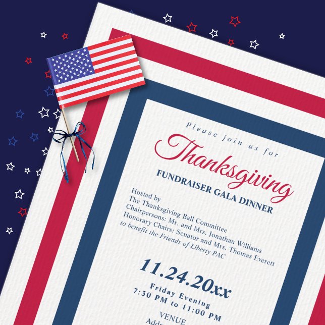 Thanksgiving 2026 Fundraiser Gala Dinner Political Invitation (Patriotic Thanksgiving fundraiser gala dinner invitation close-up on laid paper with flag and ribbon)