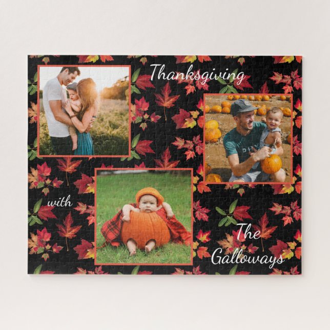 Thanksgiving 3 Custom Photos Pumpkin Autumn Leaves Jigsaw Puzzle (Horizontal)