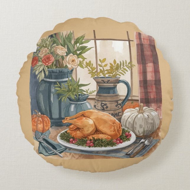 Thanksgiving, A Table full of Blessing Round Cushion (Front)