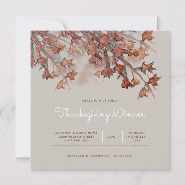 Thanksgiving Abstract Watercolor Fall Foliage Invitation (Front)