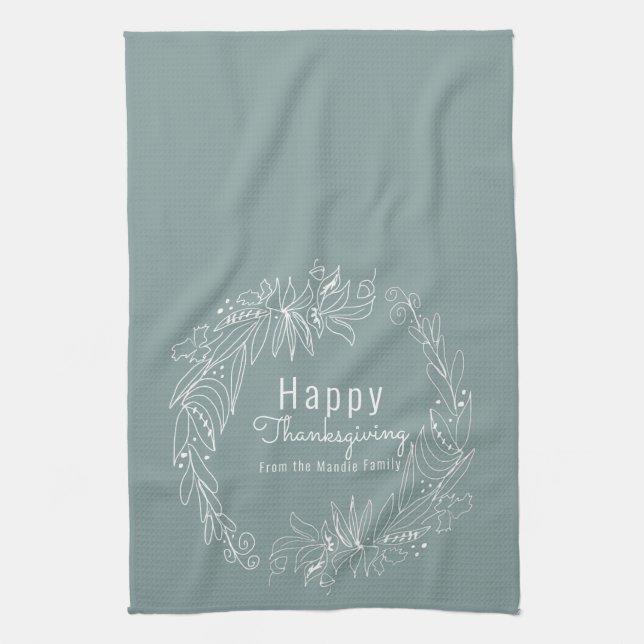 Thanksgiving Acorn Wreath Hand Drawn Illustration Tea Towel (Vertical)