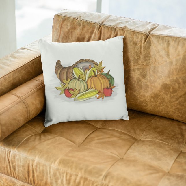 Thanksgiving Autumn Cornucopia Simple Cushion (Fall Harvest Cornucopia watercolor throw pillow. )