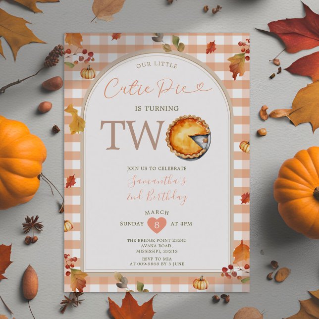 ThanksGiving Autumn Cutie Pie Gingham 2nd Birthday Invitation (Creator Uploaded)