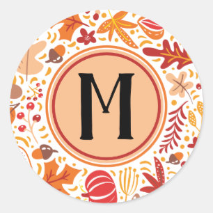 Thanksgiving Autumn Fall Foliage Monogram Classic Round Sticker