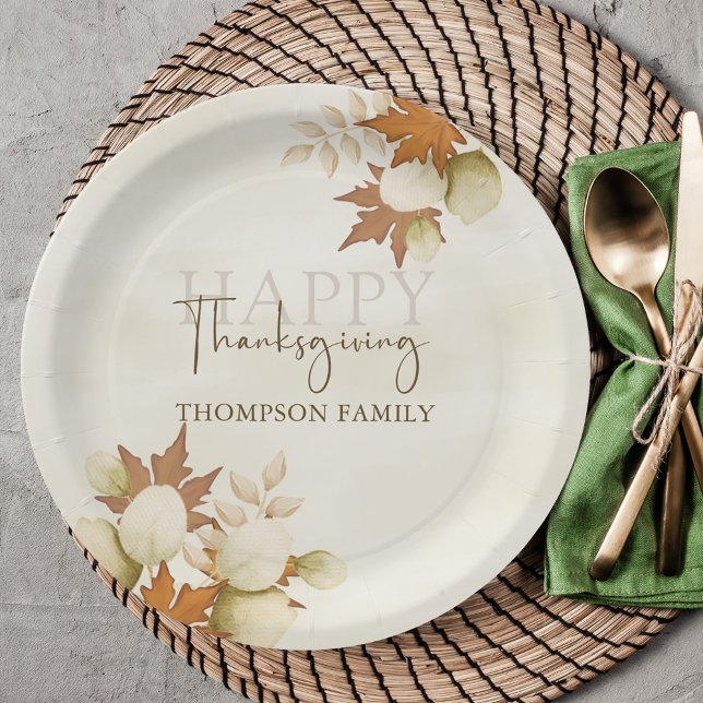 Thanksgiving Autumn Fall Greenery Elegant Foliage Paper Plate (Autumn fall foliage and greenery Happy Thanksgiving custom paper plate. )
