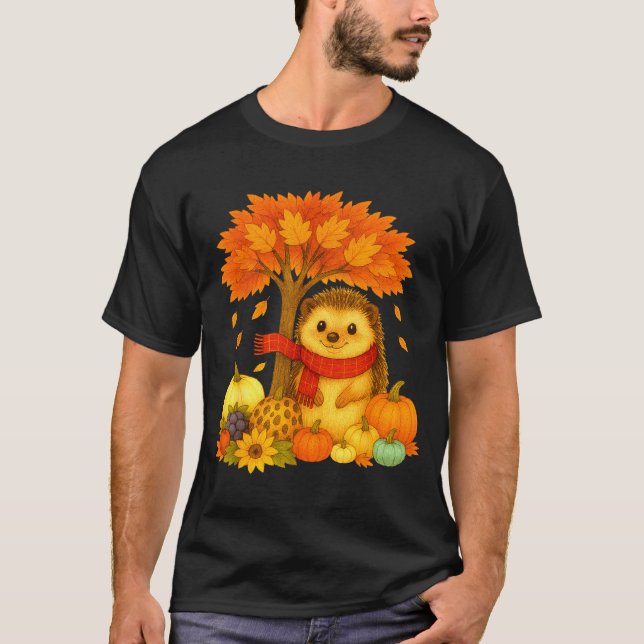 Thanksgiving Autumn Fall Hedgehog Leaf Fall Tree  T-Shirt (Front)