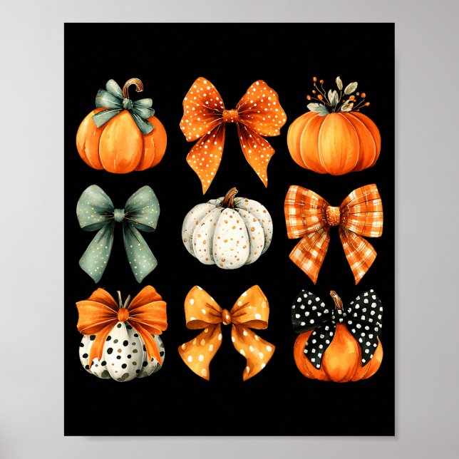 Thanksgiving Autumn Fall Leaves Coquette Bow Pumpk Poster (Front)