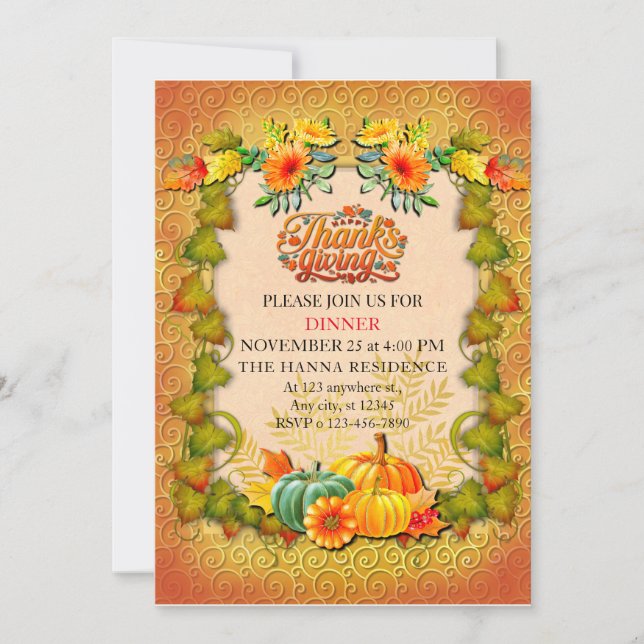 Thanksgiving Autumn Fall Maple Leaves and pumpkins Invitation (Front)