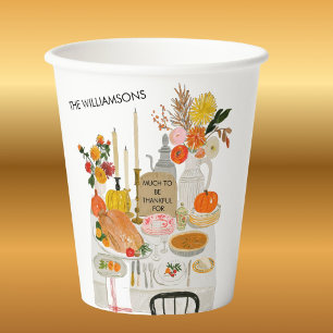 THANKSGIVING AUTUMN FLORAL PUMPKIN PERSONALIZED PAPER CUPS