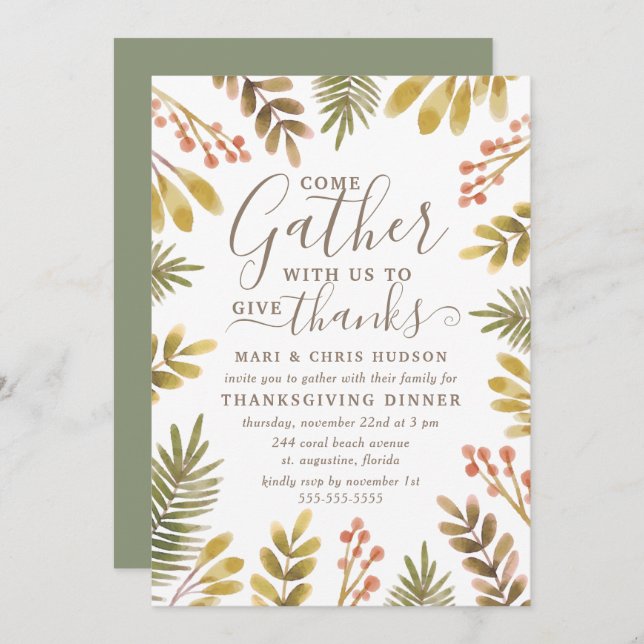 Thanksgiving Autumn Greenery Watercolor Wreath Invitation (Front/Back)