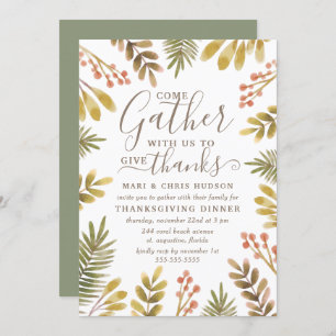 Thanksgiving Autumn Greenery Watercolor Wreath Invitation