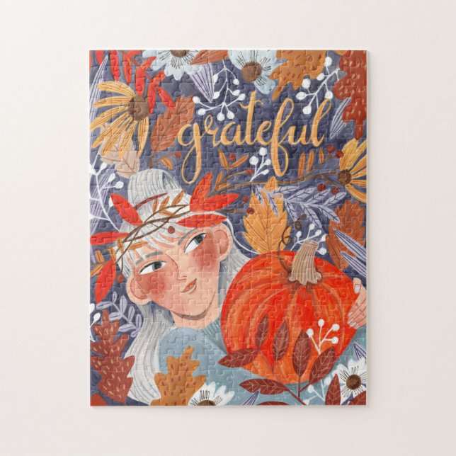Thanksgiving autumn leaves grateful girl jigsaw puzzle (Vertical)