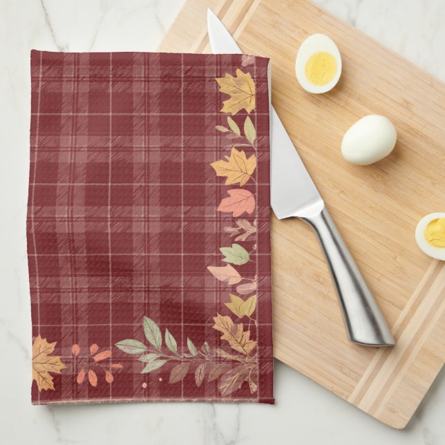 Thanksgiving Autumn Leaves on Plaid Tea Towel (Quarter Fold)