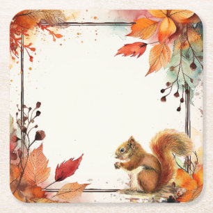 Thanksgiving Autumn Leaves Squirrel  Square Paper Coaster
