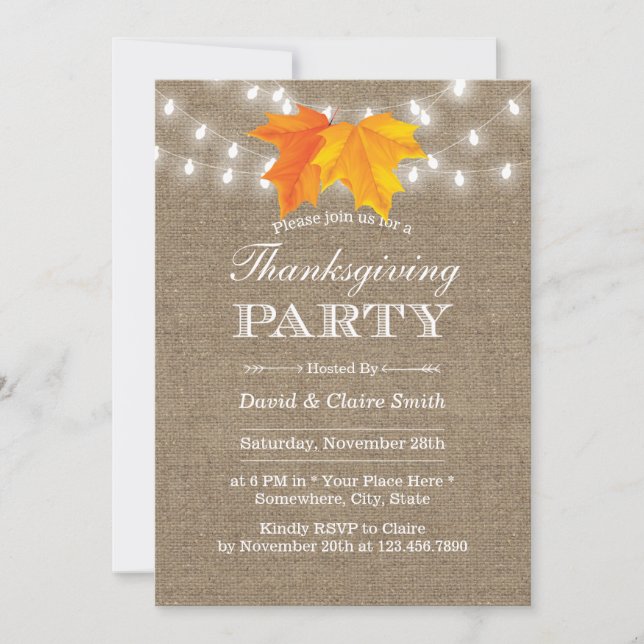 Thanksgiving Autumn Leaves String Lights Burlap Invitation (Front)