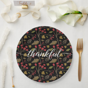 Thanksgiving Autumn Leaves Thankful Script Paper Plate