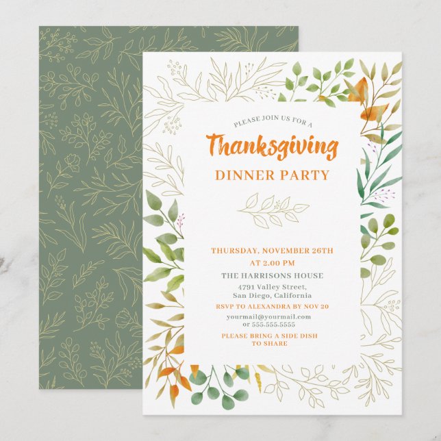 Thanksgiving Autumn Leaves Watercolor Fall Foliage Invitation (Front/Back)