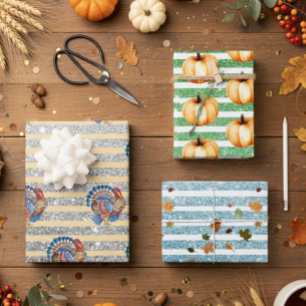 Thanksgiving Autumn Pumpkin Glitter Stripes  Wrapping Paper Sheet