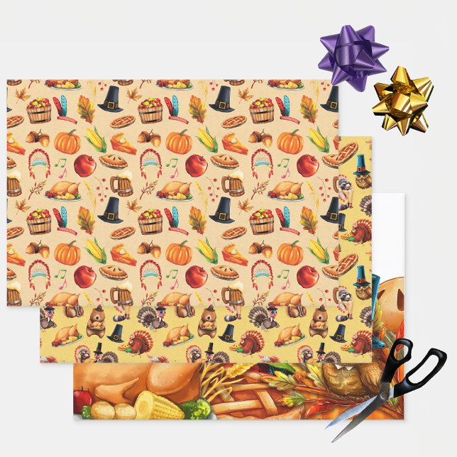 Thanksgiving Autumn Pumpkin Pie Animals Wrapping Paper Sheet (Creator Uploaded)