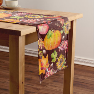 Thanksgiving Autumn Pumpkins Sunflower on Burgundy Long Table Runner