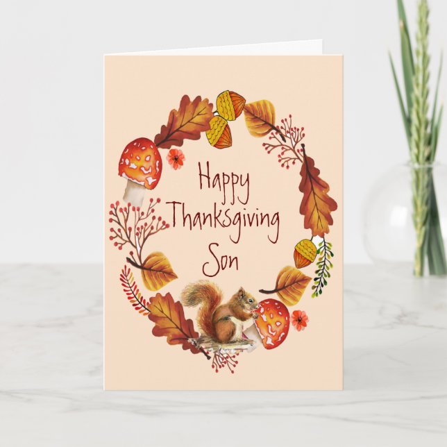 Thanksgiving Autumn Red Squirrel Animal Wreath Son Holiday Card (Front)