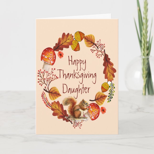 Thanksgiving Autumn Red Squirrel Wreath Daughter Holiday Card (Front)