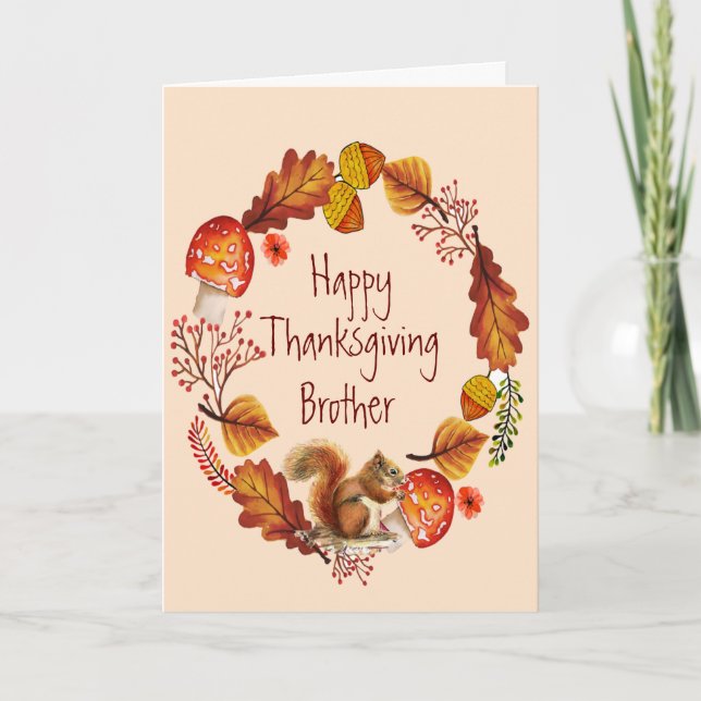 Thanksgiving Autumn Squirrel  Wreath Brother Holiday Card (Front)