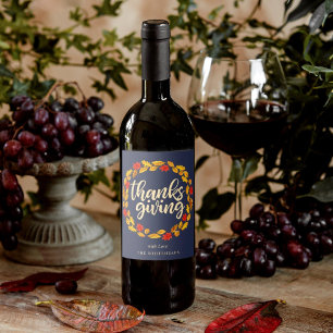 Thanksgiving Autumn Watercolor Leaf Wreath Wine Label