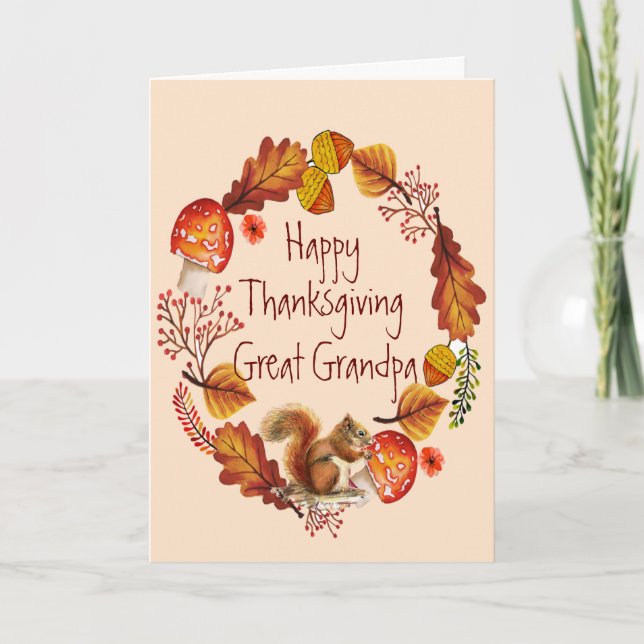 Thanksgiving Autumn Wreath Squirrel Great Grandpa Holiday Card (Front)