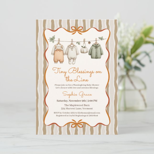 Thanksgiving Baby Shower Girl | Cosy Clothesline Invitation (Standing Front)