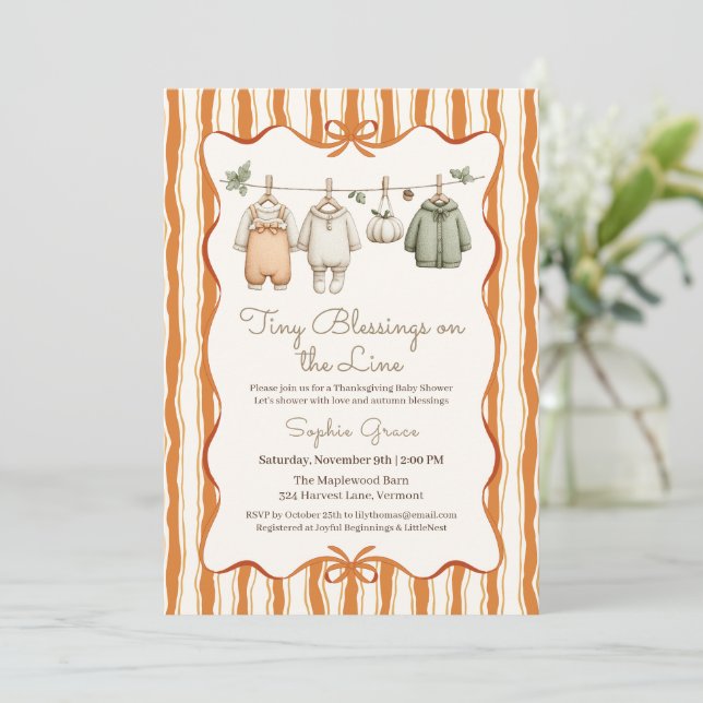 Thanksgiving Baby Shower Girl | Cosy Clothesline Invitation (Standing Front)