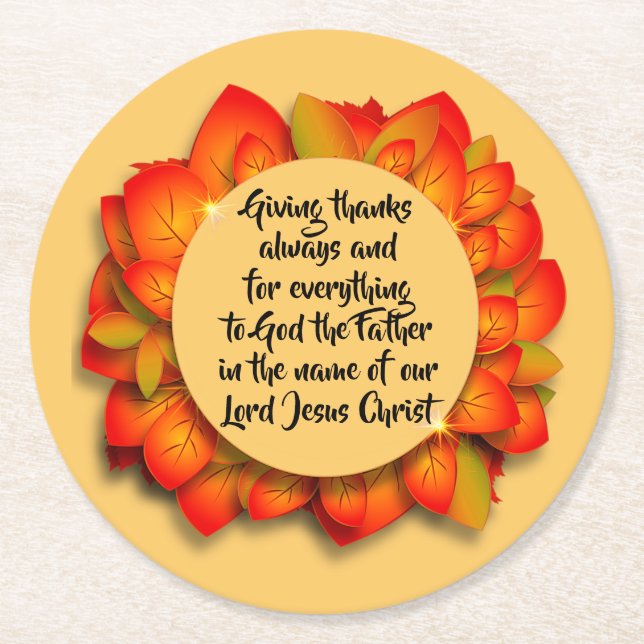 Thanksgiving Bible Quote Autumn Leaf Round Paper Coaster (Front)