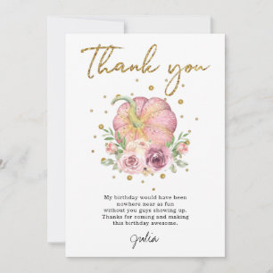 Thanksgiving Birthday Pumpkin Pink Thank You Card