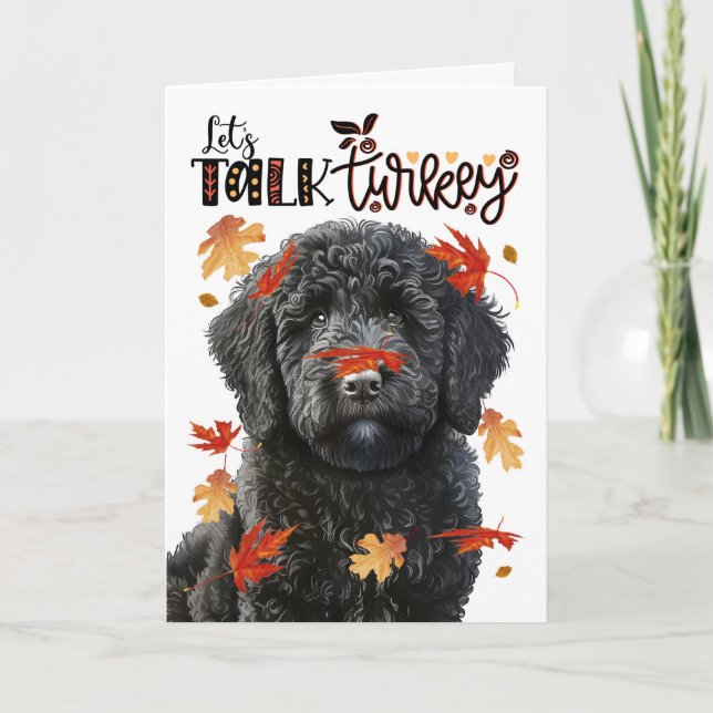 Thanksgiving Black Labradoodle Let's Talk Turkey Holiday Card (Front)