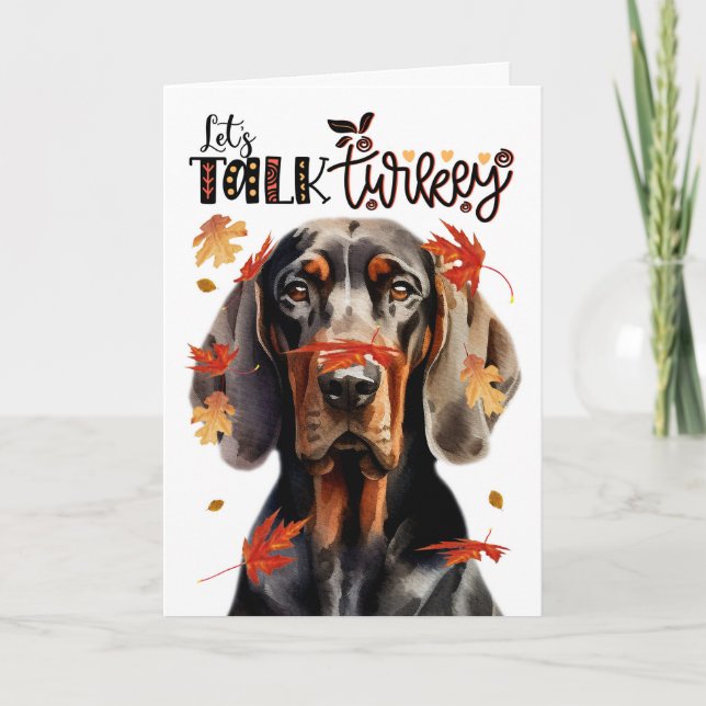 Thanksgiving Black Tan Coonhound Let's Talk Turkey Holiday Card (Front)