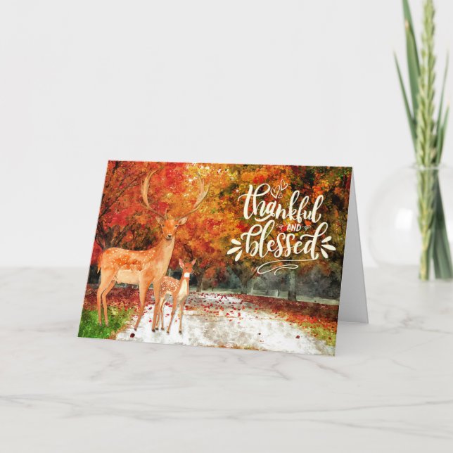 Thanksgiving Blessed and Thankful Autumn Forest Holiday Card (Front)